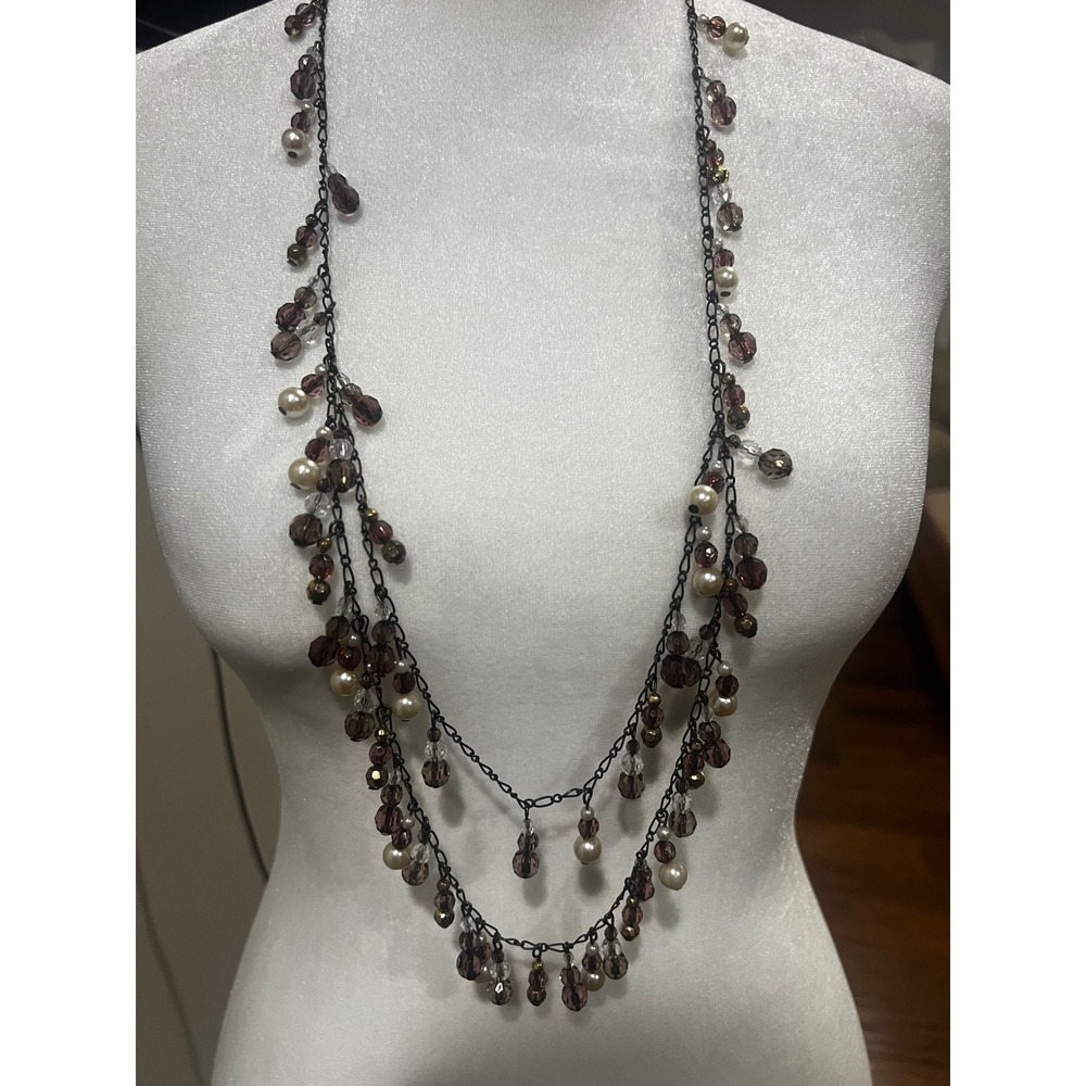 aeo Plum Glass Bead Faux Pearl Multi Strand Tiered Necklace Boho